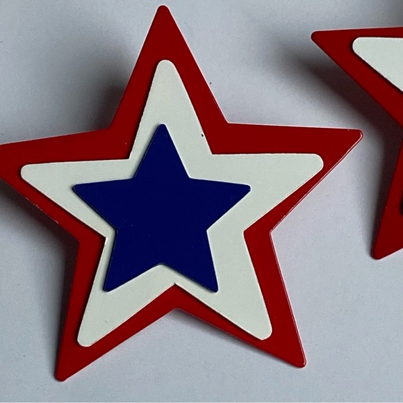 Star Earrings Patriotic Metal Red White & Blue 2” Across 4th Of July Jewelry - Picture 4 of 11
